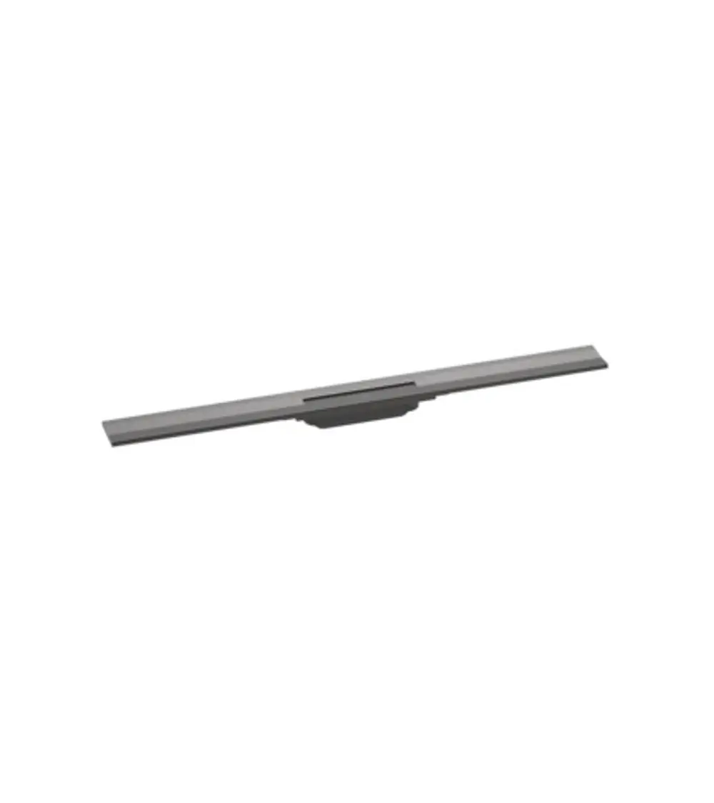 Hansgrohe Duschrinne in Schwarz mit einem durchgehenden, flachen Design. Geeignet für die Wandmontage und kürzbar für die Anpassung an verschiedene Duschräume.